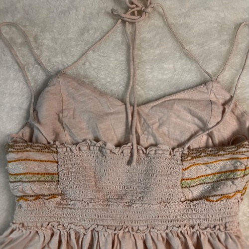 FREE PEOPLE WELL TRAVELED EMBROIDERED SMOCKED COTTON LINEN BLEND HALTER TOP - Picture 5 of 8