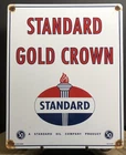 VINTAGE 1957 DATED STANDARD GOLD CROWN GASOLINE PORCELAIN GAS MOTOR OIL SIGN