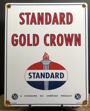 VINTAGE 1957 DATED STANDARD GOLD CROWN GASOLINE PORCELAIN GAS MOTOR OIL SIGN
