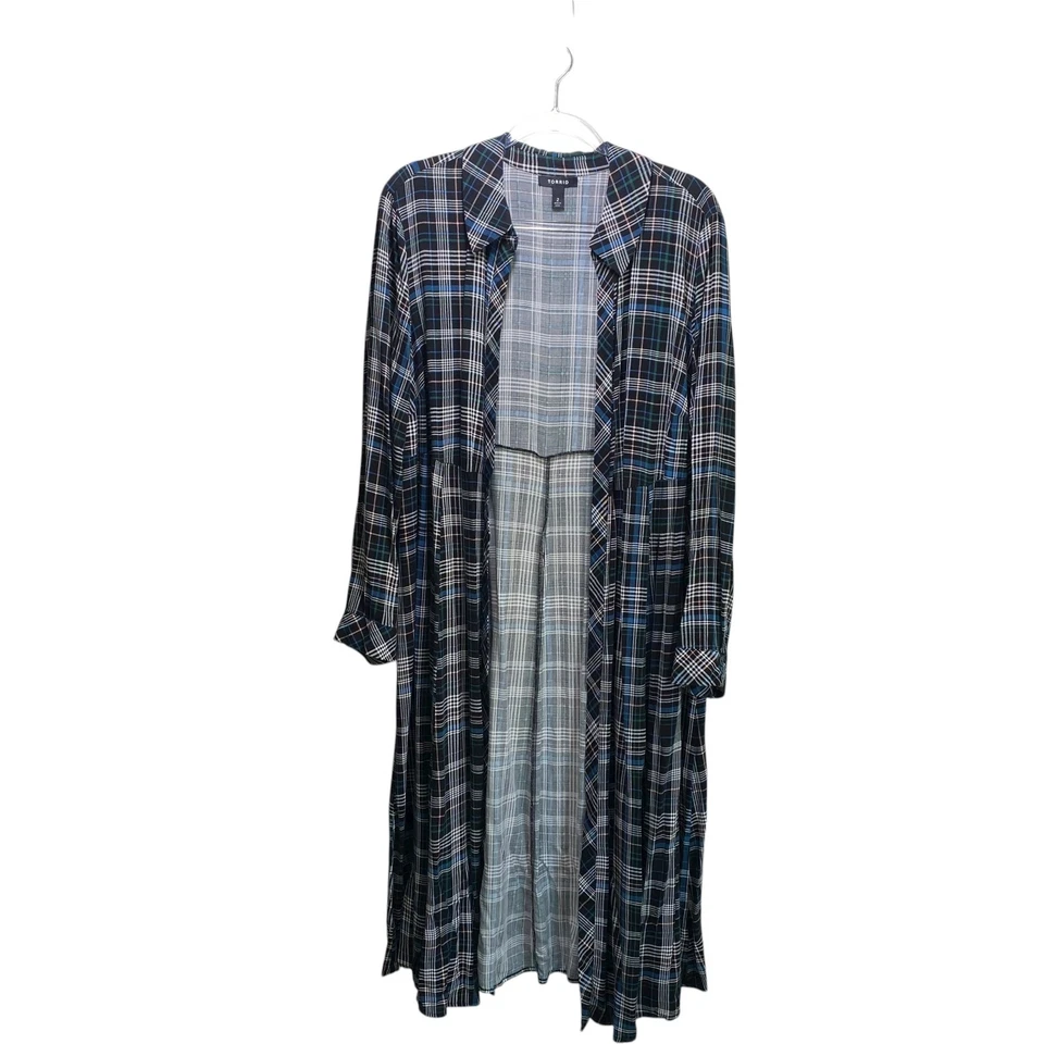 Cárdigan plumero largo verde azul marino ligero a cuadros Torrid Holiday mangas abiertas 2X Foto 3 de 4