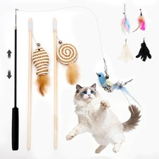 8 PCS Cat Wand Toy Extendable Teaser 5 Replacement Heads Wood Interactive Play