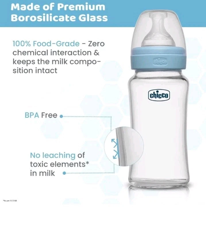 Biberón de vidrio Chicco Wellbeing (azul) T medio) 240 ml 2+ meses vendedor de EE. UU. Foto 2 de 4