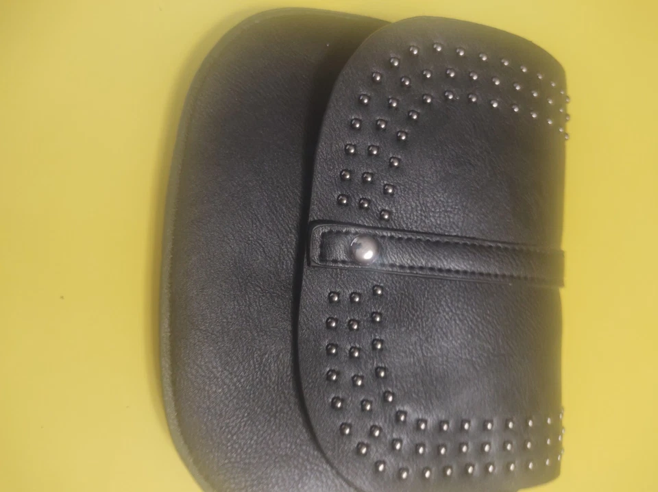 Black Leather sling bag with metal beading, has a button closure 8" x 7" - Image 2 of 4