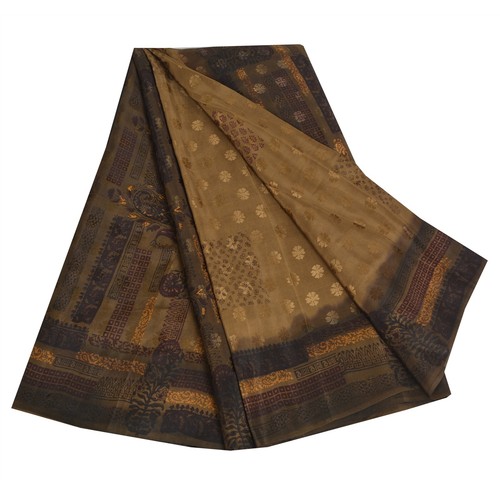 Sanskriti Vintage Sarees Brown Pure Crepe Silk Printed & Woven Sari 6Yd Fabric - Picture 7 of 12