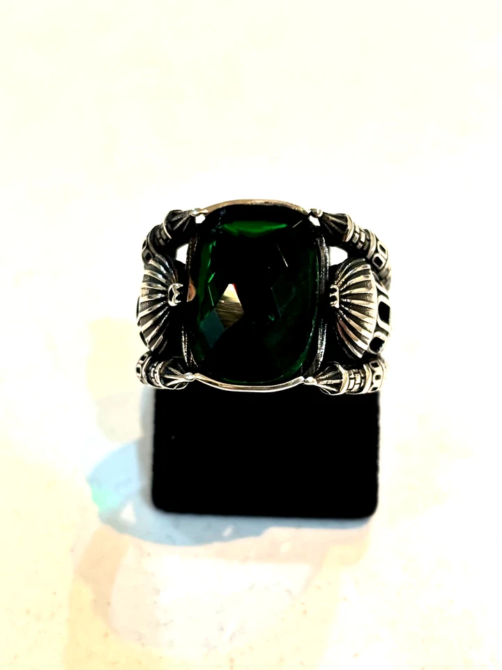 Anillo de plata de ley 925 con piedra esmeralda para hombre: joyería turca hecha a mano, talla 10 Foto 2 de 3
