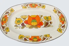 Vintage Sanko Ware Country Flowers Enamel Oval Platter 16" Japan 1970s Retro