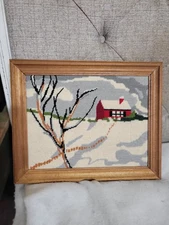 Finished Vntg Framed Cross Stitched Red House Winter Scene 13"Ht×17"
