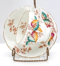 Alesbury Teacup & Saucer Set Colored Leaves Foliage Gold Trim Vintage