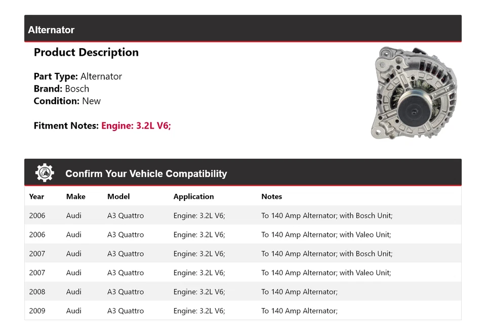 For 2006-2009 Audi A3 Quattro 3.2L V6 Bosch Alternator (New) 2007 2008 - Изображение 2 из 4