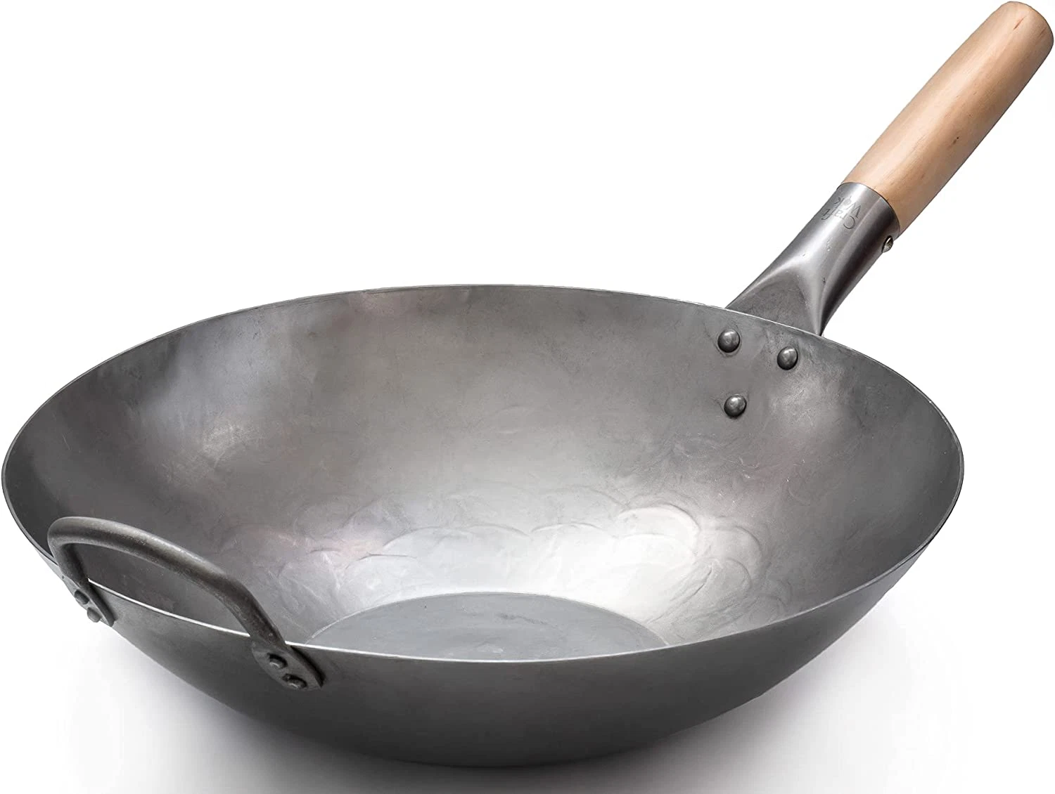 14" Hand Hammered Carbon Steel Pow Wok with Wooden & Steel Helper Handle