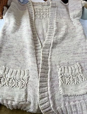 Hand Knit Long Vest Lace Pattern high quality wool, verigated pockets heavywt XL