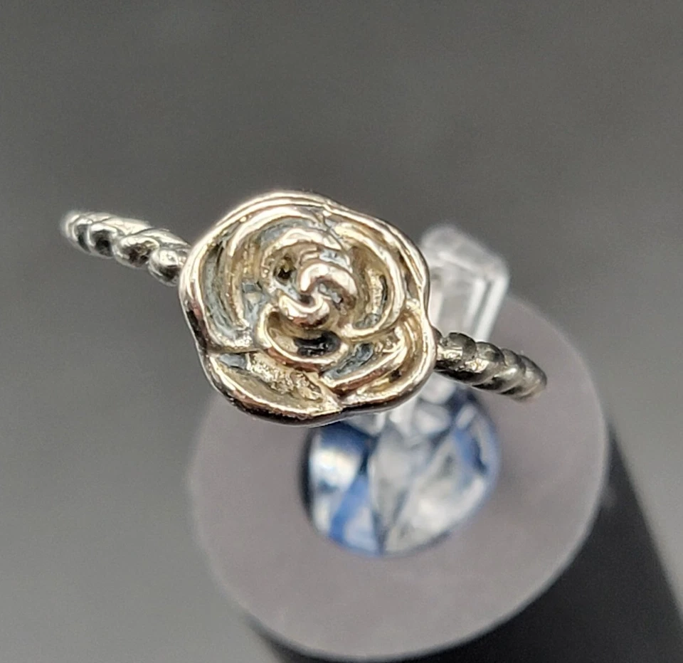 Vintage Silver Tone Rose Ring Rope Band Flower Eternity Band Romantic Jewelry  — 第 2/4 张图片