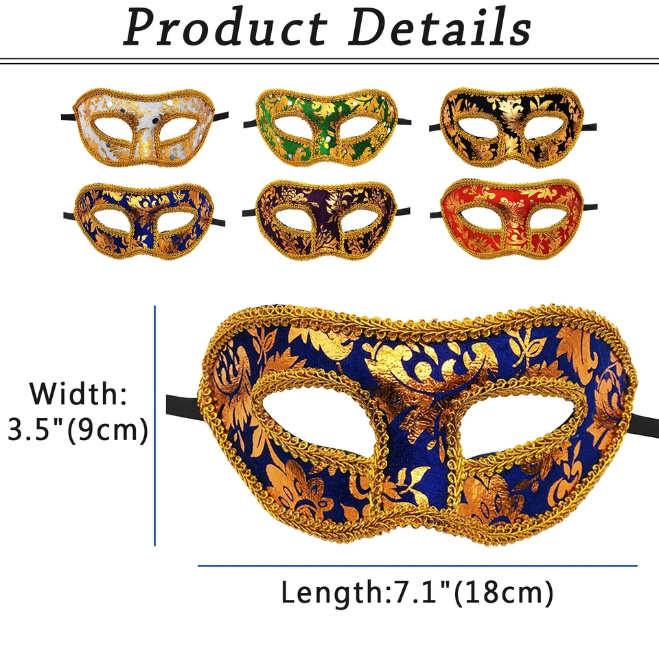 Juego de 6 piezas Hombres Mascarada Veneciana Bola Terciopelo Máscara de Ojos Mardi Gras Fiesta Halloween Foto 4 de 4
