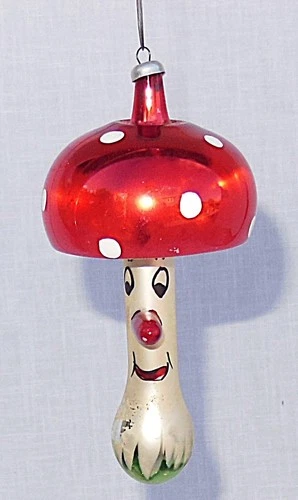 Vtg. De Carlini Italy Polka Dot Mushroom Man Glass Christmas Ornament