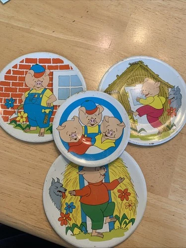 Vintage Toys Tin Lithograph Plate Set 4 Metal Three Little Pigs Ohio Arts 1950s