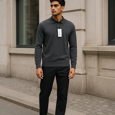 Calvin Klein Merino Polo Hommes Pull M Gris Mélange Laine Tricot Pull Sur RRP179 - Photo 1/4