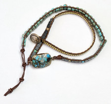 Mixed Media Faux Turquoise Brown Leather Gold Tone Wrap Bracelet Southwestern