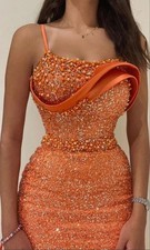 Orange Evening Dress Spaghetti Strap Pearls Beaded Sequin Lace Straight Dresses