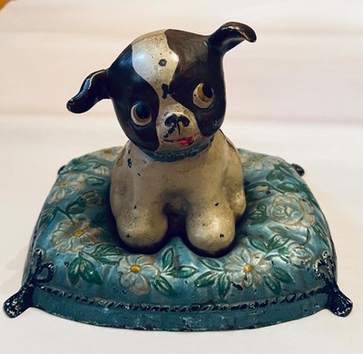 Hubley Fido Boston Terrier Puppy On Pillow Cast Iron Coin Bank Antique Original