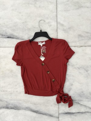 Pink Rose Top Crop Orange Brick V Neck Ribbed Knit Button Women S NWT Boho