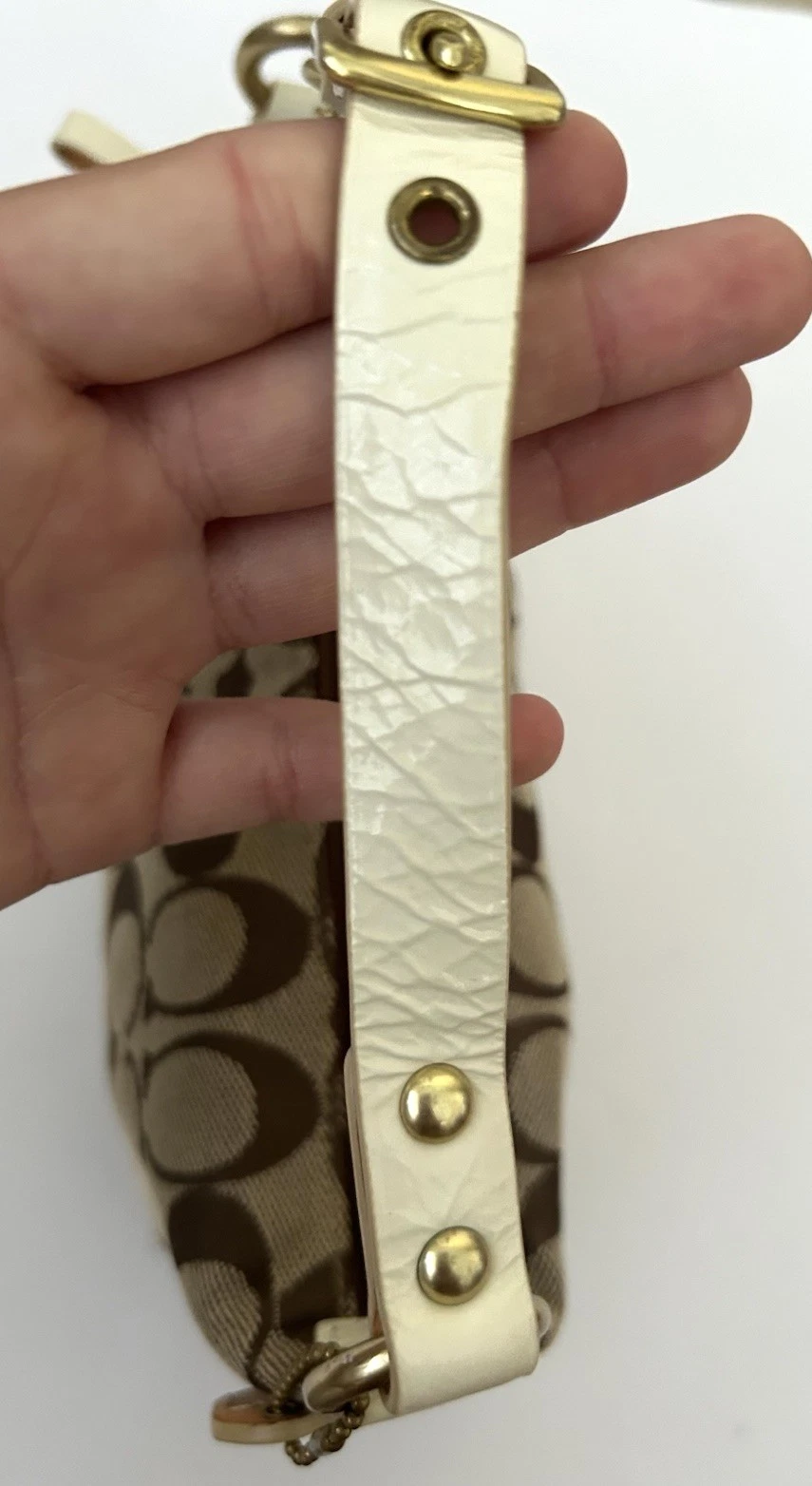 Mini borsa vintage Y2K Coach firmata tela avorio bordo pelle Sufflette 40024