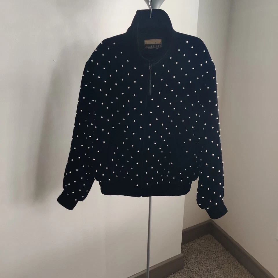 Винтажный Gina Gabriel женщин бархата бисером жемчуг шелковая смесь черный блейзер куртка - Изображение 4 из 4