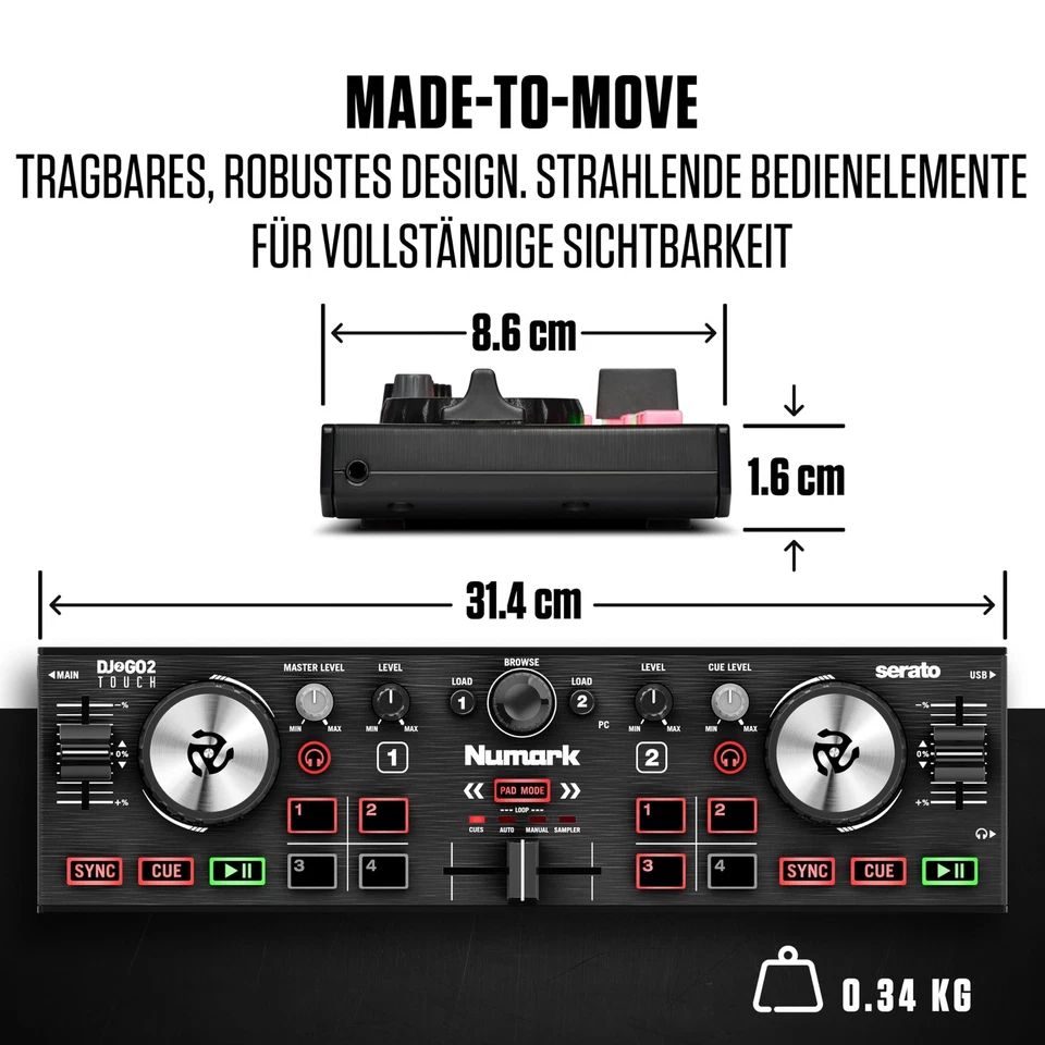 DJ2GO2 Touch 2-Kanal-Kompakt-DJ-Controller, DJ-Pult mit Mixer, Audio-Interfac... - Bild 4 von 4