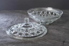 FEDERAL GLASS Windsor Button and Cane Pressed Clear Glass Covered Candy Dish Vtg