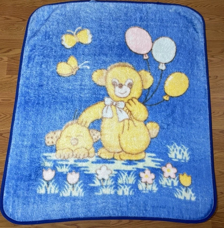 Vintage Blue Bear Balloon Mink Fleece Baby Blanket Puppy Dog - Image 2 of 4