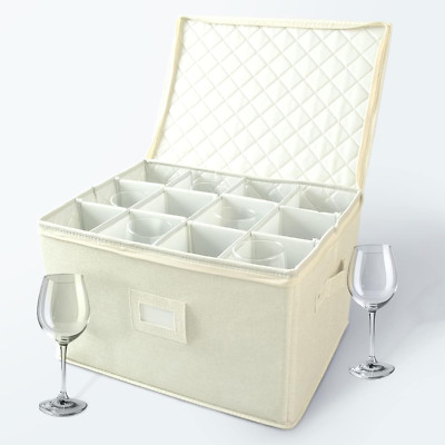 Stackable Wine Glass Storage Box with Dividers - Hard Shell Organizer, Cream