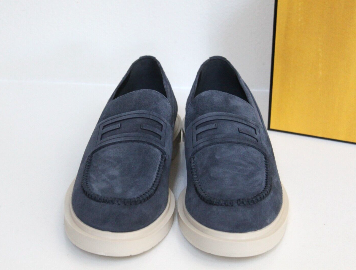 New sz 11 US / 10 UK FENDI Blue Suede FF Logo Frame Slip on Loafer