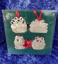 Longaberger 2001-2004 Set 4 Holiday Memory Basket Pewter Ornament/Tie-on