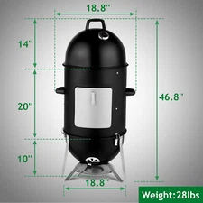 LEADZM l3-in-1 47" Vertical Charcoal BBQ Smoker Round Charcoal Grill