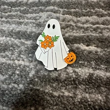 Enamel Pin Ghost Halloween Brooch Lapel Badge White Orange Flower Pumpkin New