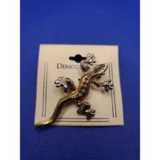 Demode Gold-Tone Gecko Brooch With Rhinestones Lizard Fun Vintage Pin