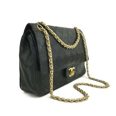 Chanel Double Flap 25 Quilted Cc Logo Lambskin Chain Black Leather Shoulder  Bag