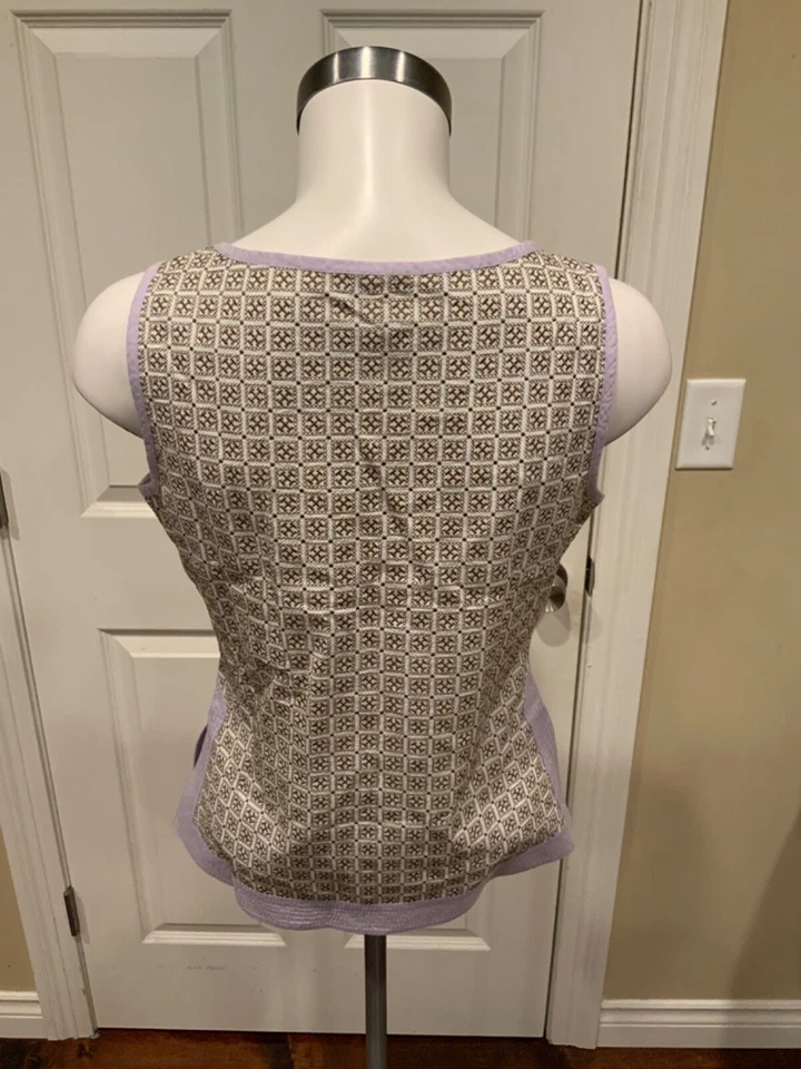Tory Burch Gold Purple Geometric Embroidered Sleeveless Shirt Tank Top, Size 6 - Image 4 of 4
