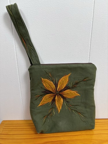 Handmade Felted Wool Hand Bag Embroidered Flower Satin Interior Green Yellow