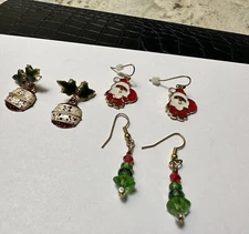 Christmas Holiday Pierced Dangle Earrings Lot Of 3 Santa Tree Ornament