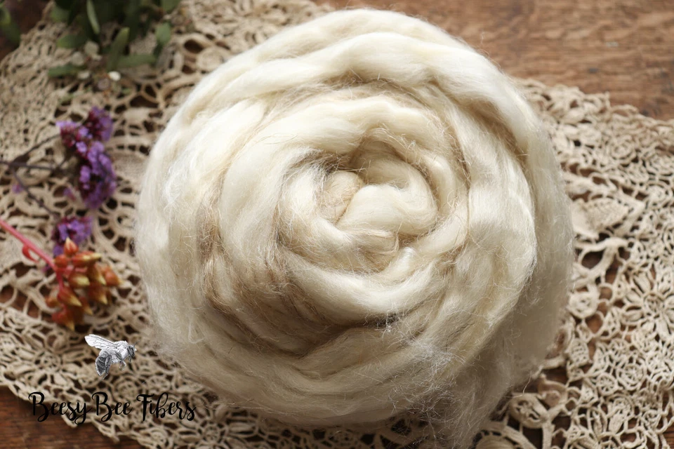 Merino Wool Roving, Tussah Silk, Flax Undyed Combed Top Blend Wool - 4 oz - Image 3 of 4