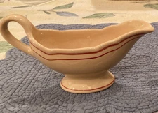 1950s Restaurant Ware Footed Gravy Boat~Wellsville~San Tan~Red Stripe~Scalloped