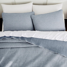 Chambray Pick Stitch King Size Quilt Set, Denim Blue Striped Lightweight Soft Su