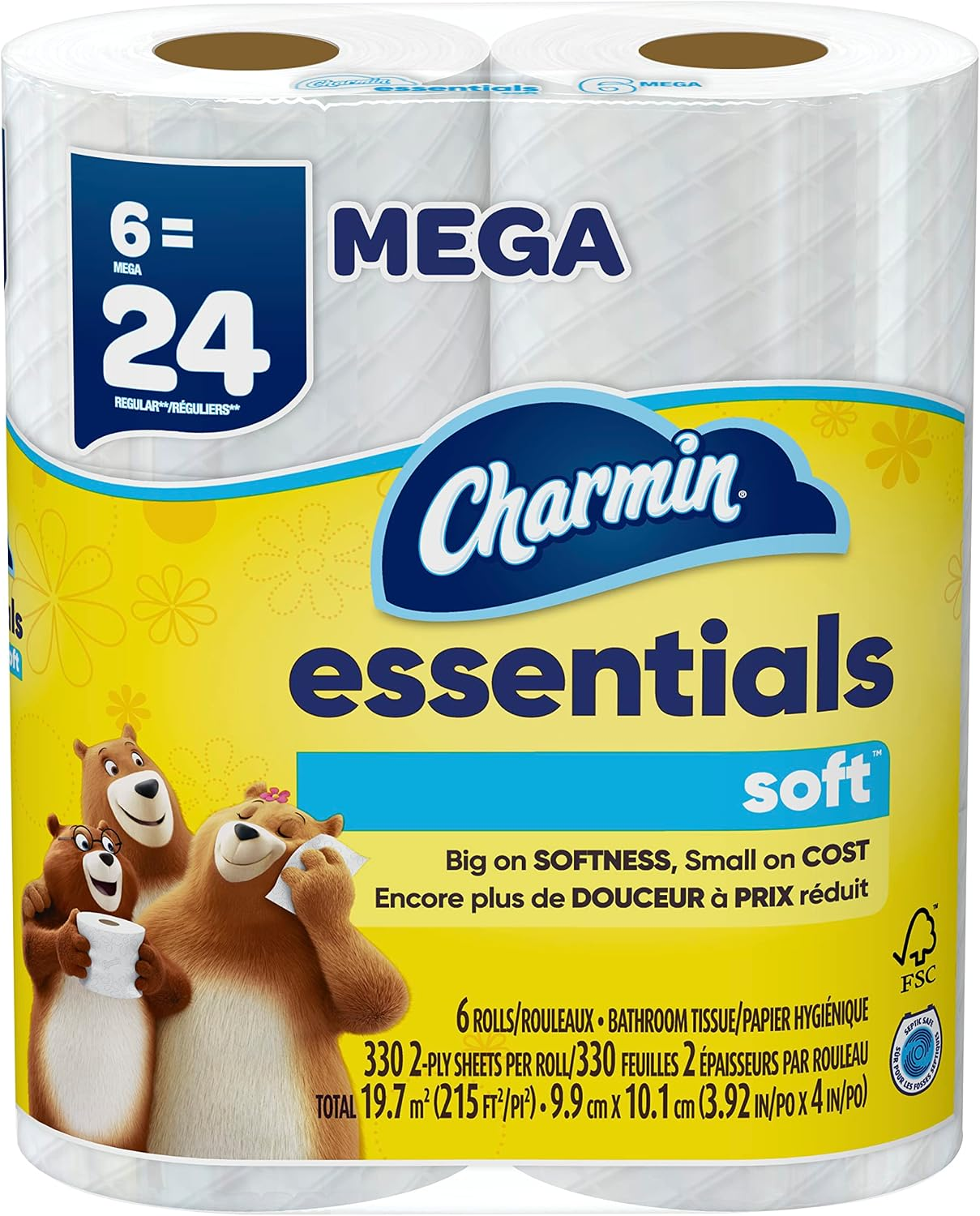 Essentials Soft Toilet Paper 6 Mega Rolls, 330 sheets per roll ...