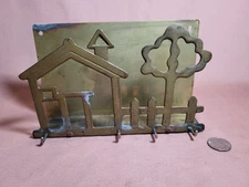 Vintage Brass Wall Letter Key Holder with Five Key Hooks House Shaped with Tree