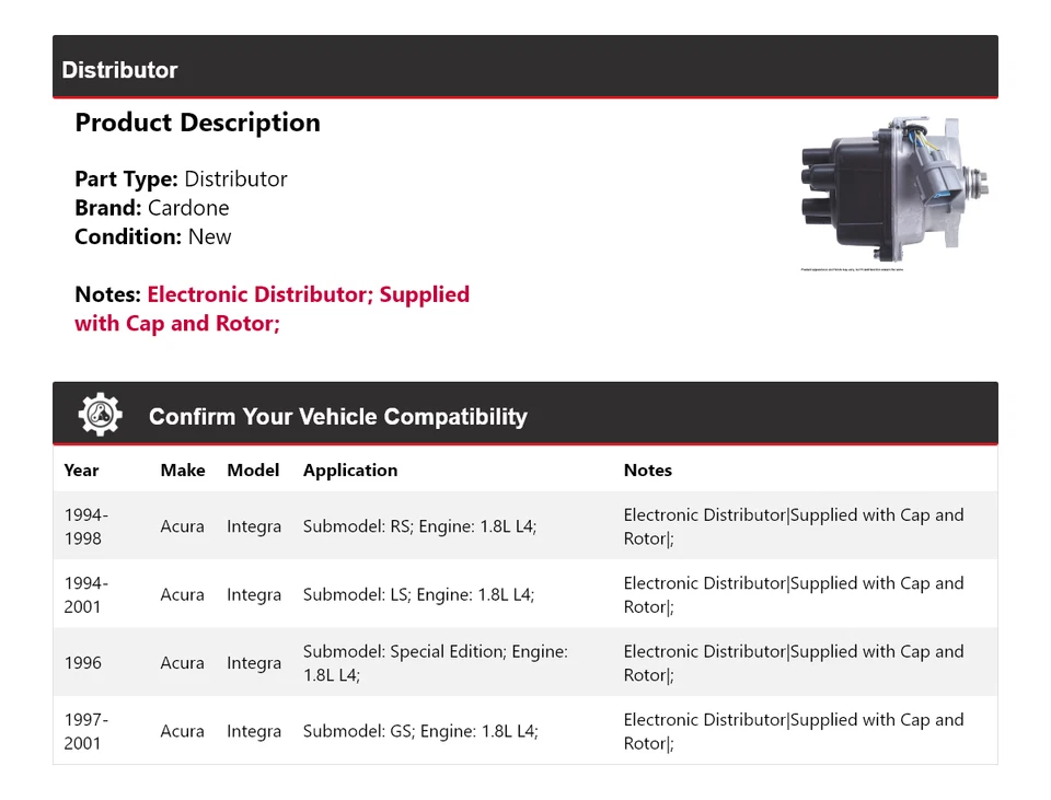 Para 1994-2001 Acura Integra 1.8L L4 Distribuidor Cardone 1995 1996 1997 1998 1999 Foto 2 de 4