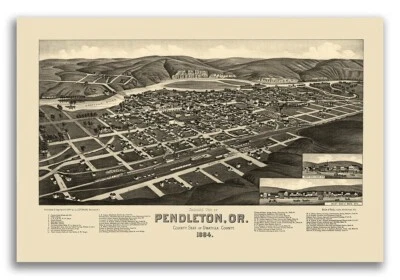 Pendleton Oregon 1884 Historic Panoramic Town Map - 16x24