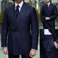 Navy Striped Double Breasted Suits for Men 2 Pieces Wide Peak Lapel Jackets Pant