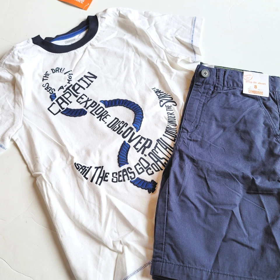 Gymboree Boys 8 "Seas the Day" Camiseta Ancla Azul Prep Fit Sarga Pantalones Cortos Conjunto Nuevo con Etiquetas   Foto 2 de 3