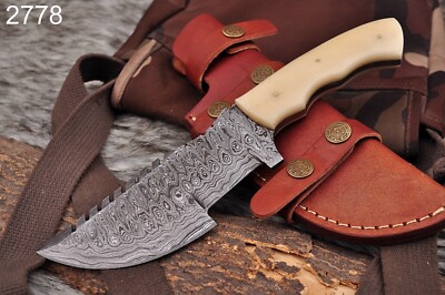 DAMASCUS STEEL KNIFE CAMPING HUNTING SURVIVAL OUTDOOR RESCUE CAMEL BONE HANDLE