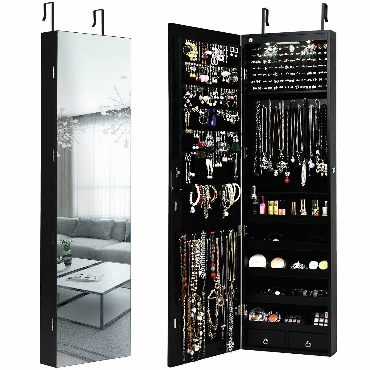 Durable Modern Black Wall Door Mounted Mirrored Jewelry Cabinet
